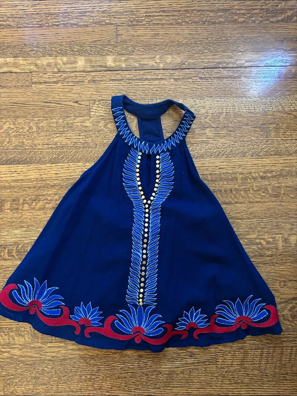 Piper Navy Halter Tank with Red & Blue Floral Embroidery
